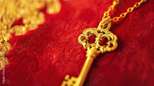Golden key placed on red velvet fabric representing exclusive access, authority, and luxury, with intricate details and elegant design. Symbol of security, power, and premium membership.
