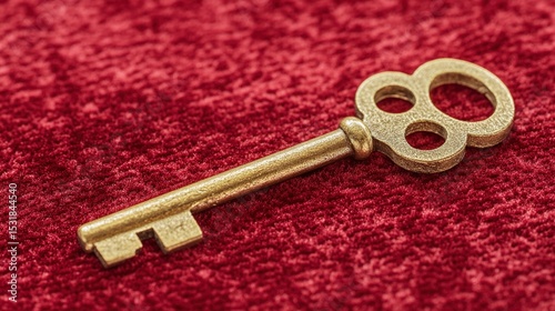 Golden key placed on red velvet fabric representing exclusive access, authority, and luxury, with intricate details and elegant design. Symbol of security, power, and premium membership.

