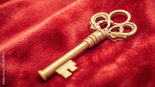 Golden key placed on red velvet fabric representing exclusive access, authority, and luxury, with intricate details and elegant design. Symbol of security, power, and premium membership.
