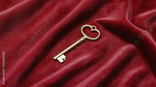 Golden key placed on red velvet fabric representing exclusive access, authority, and luxury, with intricate details and elegant design. Symbol of security, power, and premium membership.
