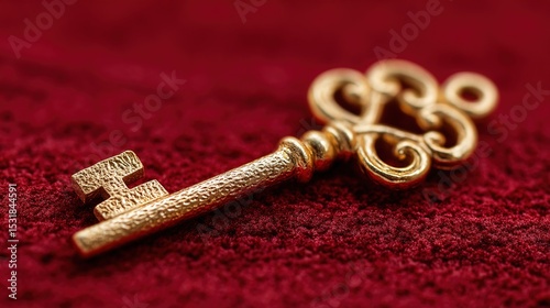 Golden key placed on red velvet fabric representing exclusive access, authority, and luxury, with intricate details and elegant design. Symbol of security, power, and premium membership.
