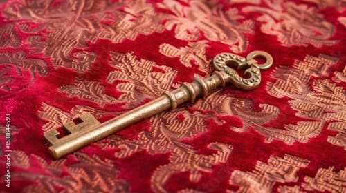 Golden key placed on red velvet fabric representing exclusive access, authority, and luxury, with intricate details and elegant design. Symbol of security, power, and premium membership.
