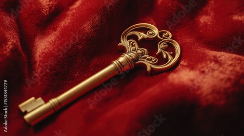 Golden key placed on red velvet fabric representing exclusive access, authority, and luxury, with intricate details and elegant design. Symbol of security, power, and premium membership.
