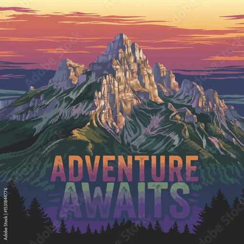 Mountain peak landscape adventure awaits travel destination scenic view hiking outdoors nature tourism trip explore ,Vector art