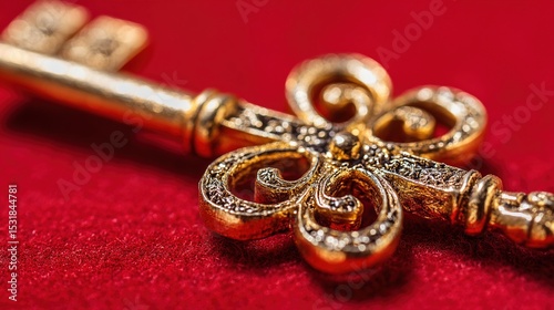 Golden key placed on red velvet fabric representing exclusive access, authority, and luxury, with intricate details and elegant design. Symbol of security, power, and premium membership.
