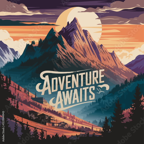 Adventure awaits mountain landscape travel poster design for tourism and outdoor recreation art print  ,Vector art