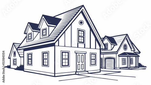 Detailed line art illustration depicting a residential neighborhood with multiple houses.