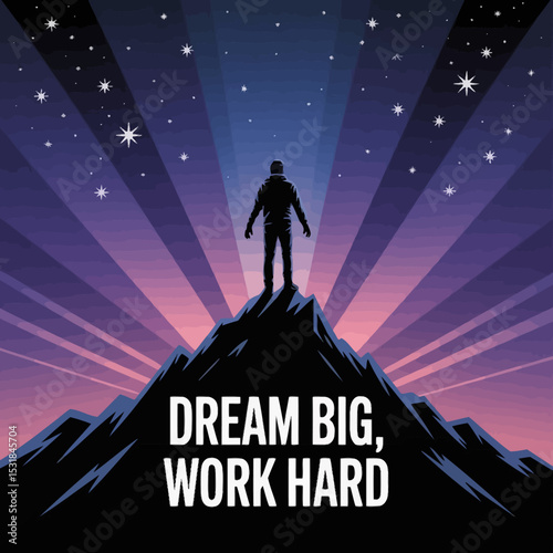 Man on mountain top success achievement motivation inspiration dream big work hard starry sky vector ,Vector art