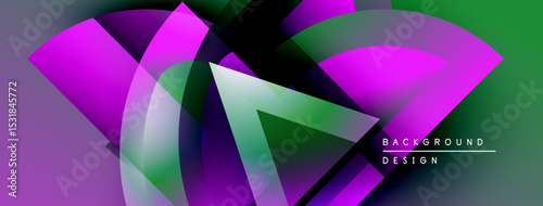 Abstract design features vibrant purple, green gradients. Circular shapes overlap creating dynamic visual effect. Modern background texture.
