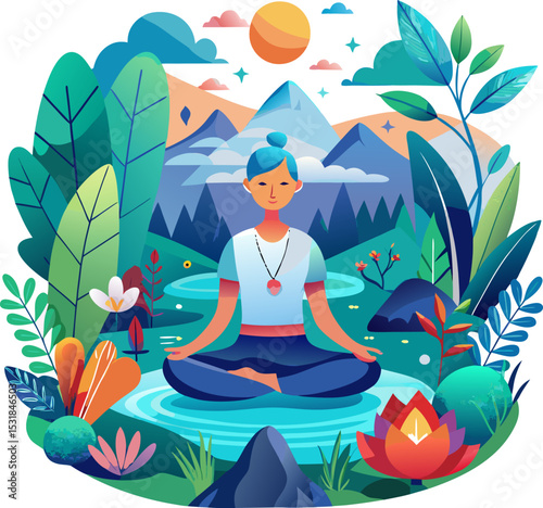 A cartoon vector illustration of a woman in lotus position meditating by the sea at sunset for relaxation