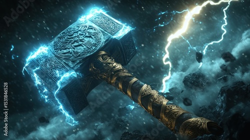 Realistic style, Thor's hammer with detailed Norse engravings, immersed in darkness