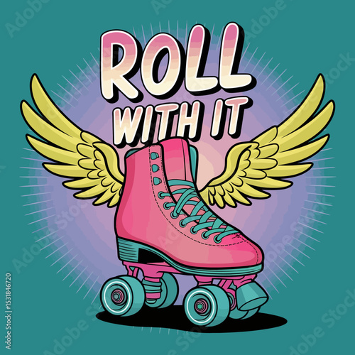 Vintage pink roller skate with wings illustration roll with it retro skating design art print poster ,Vector art