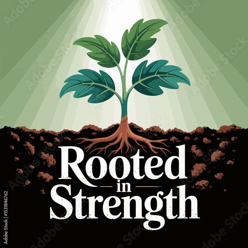 Rooted in strength illustration of a plant growing from soil with sunlight shining down art design ,Vector art