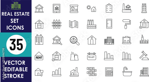 This image shows 35 real estate vector icons, including houses, buildings, factories, doors, keys, toilets, “FOR RENT,” “TO-LET” signs, and construction tools