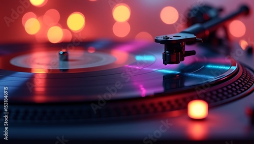 spinning vinyl record under colored lights, stylus arm gently moving. Soft bokeh and retro grain add warm vintage ambiance.