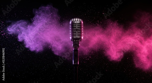 Retro microphone in pink and purple dust cloud