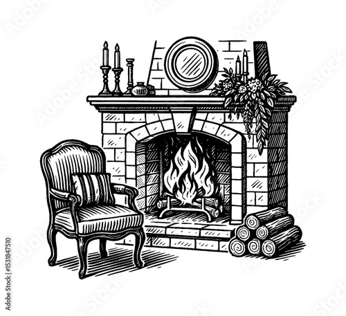 Fireplace with burning fire, chair, logs, candles, mirror, and plant in black and white engraving style