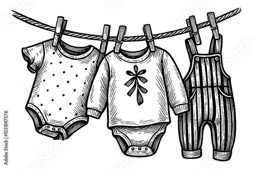 Baby Clothes Hanging on Clothesline, Black and White Engraving Style
