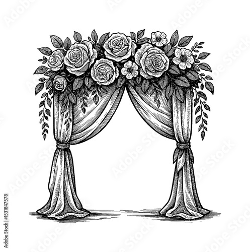 Elegant floral wedding arch decorated with roses and leaves in detailed engraving style isolated on white background