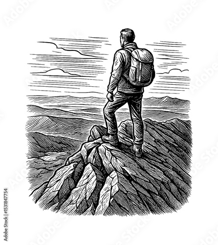 Man with Backpack Standing on Mountain Top Looking at View in Detailed Engraved Style