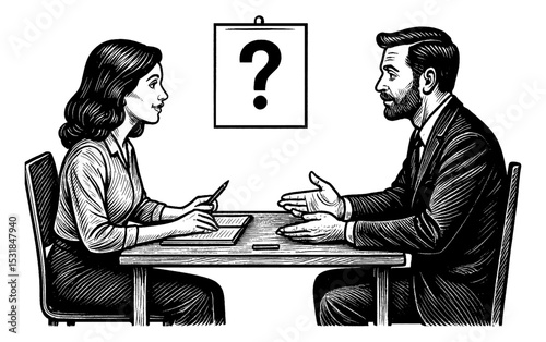 Man and Woman in Discussion with Question Mark Overhead in Detailed Black and White Engraving