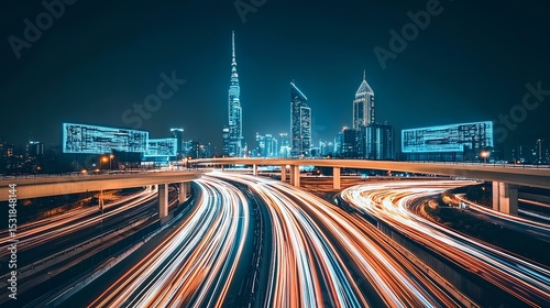 Smart city connectivity nighttime urban traffic dynamics in dubai's skyline vibrant cityscape aerial view innovation