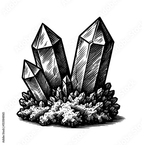 Engraved Illustration of Crystals and Gemstones with Detailed Lines and Shading in Black and White