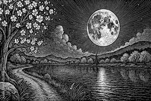 Engraved Landscape of Lake and Moon with Rays of Light in Black and White
