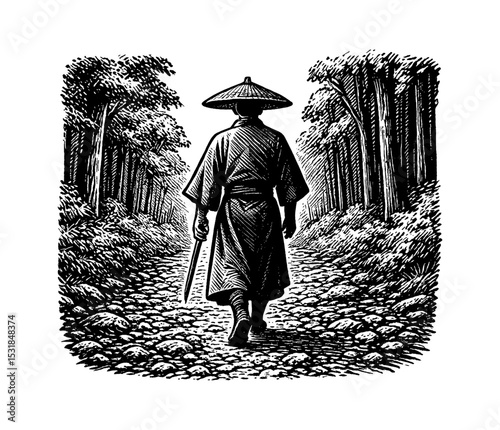 Asian Man Walking on Stone Path in Forest with Hat and Sword in Engrave Style Art