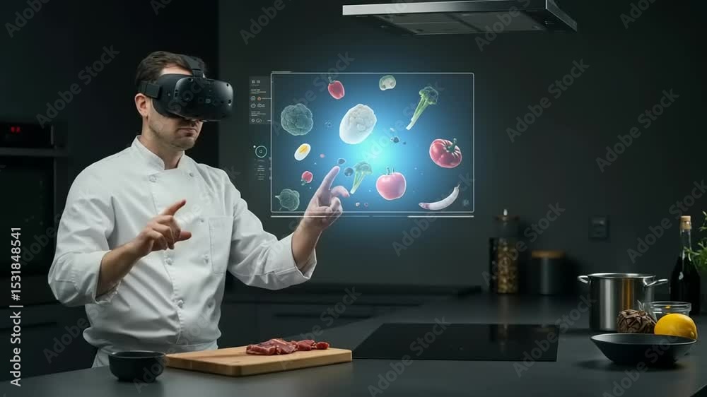 Chef using VR technology in a kitchen, interacting with holographic food items. Chef using VR technology in a kitchen, interacting with holographic food items.