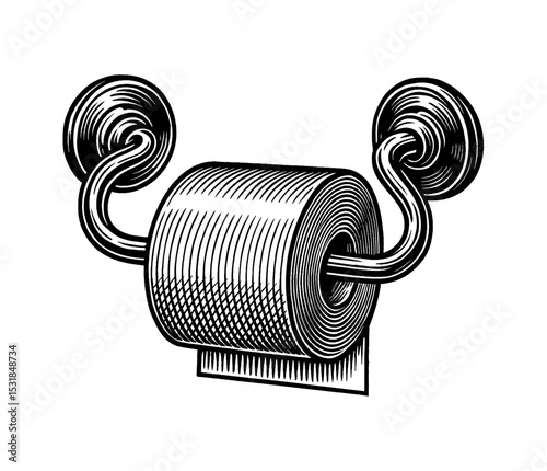 Black and White Engraving of Toilet Paper Roll on Holder with Paper Towel
