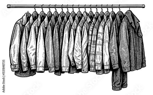 Rack of Shirts and Jackets Hanging in Row Detailed Black and White Vector Illustration