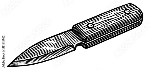 Detailed Engraving Style Illustration of a Knife with Wooden Handle