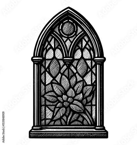 Detailed Black and White Engraving of Gothic Stained Glass Window with Floral Design