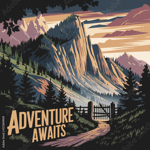 Adventure awaits travel poster design featuring mountains trees and scenic gate landscape art ,Vector art