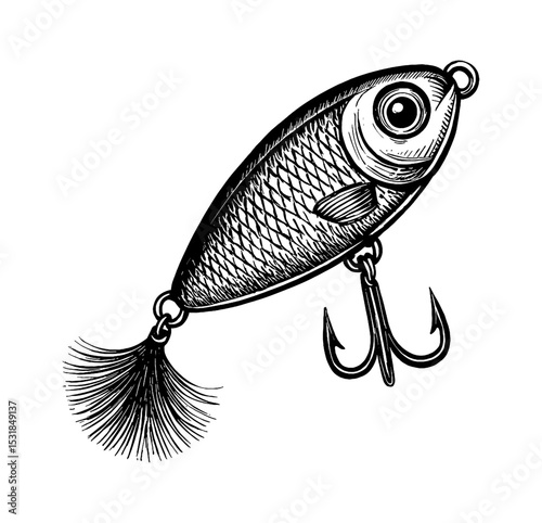 Detailed Black and White Illustration of a Fishing Lure with Hooks and Feather Tail