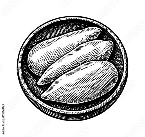 Engraving illustration of three potatoes in a bowl, detailed vector drawing