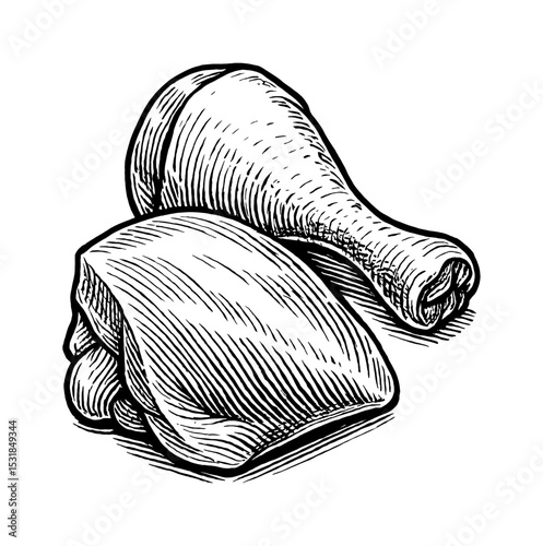 Detailed Engraving Illustration of Chicken Drumstick and Thigh, Black and White Close-up, Food