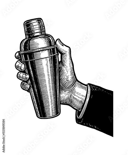Engraved Illustration of a Hand Holding a Cocktail Shaker Ready to Mix Drinks