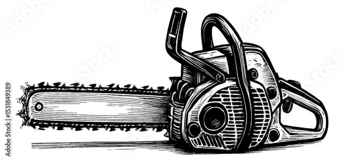 Detailed Black and White Engraving of a Chainsaw with Intricate Line Work