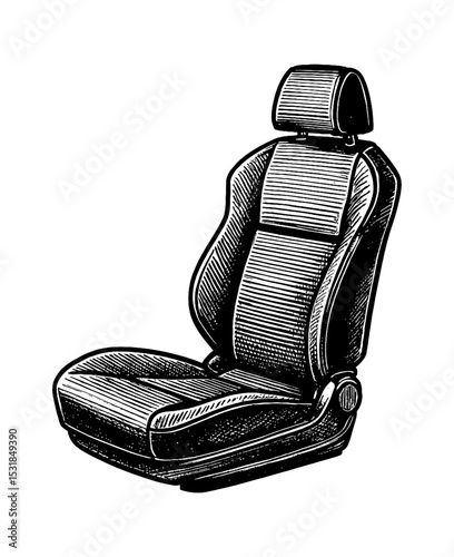 Detailed black and white drawing of an automotive car seat illustration