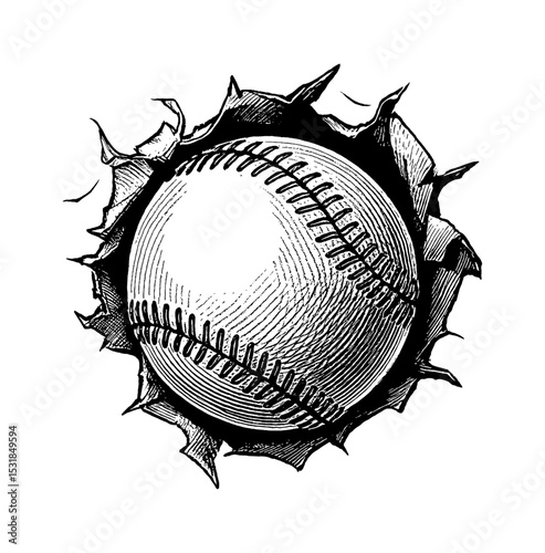 Baseball ball bursting through a hole with detailed line art in black and white engraving style
