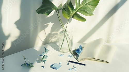 Calm workspace setup with monstera leaves, book, and origami birds under natural light