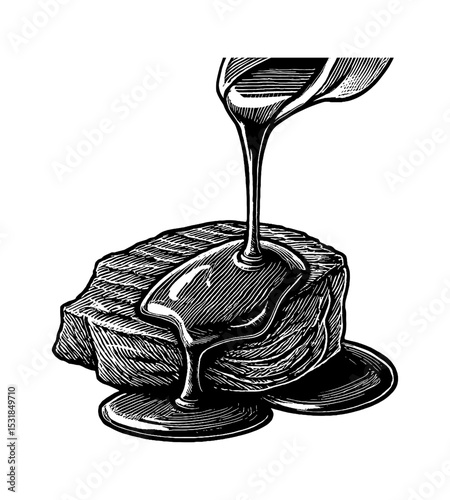Engraving illustration of sauce pouring onto a piece of grilled meat. Food presentation art.