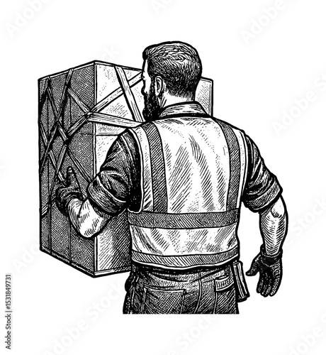 Man carrying large crate wearing safety vest in detailed engraved black and white drawing