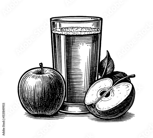 Engraved Illustration of Apple Juice with Whole and Half Cut Apple with Leaf