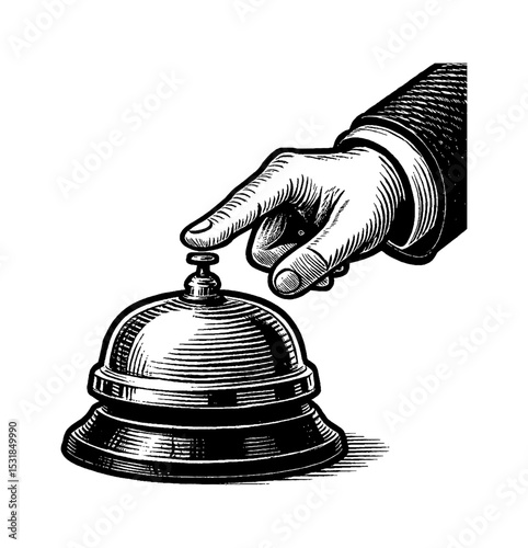 Hand Ringing a Service Bell with Finger Pushing The Top Button in Engraved Style