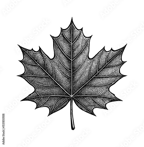 Detailed Black and White Engraving of a Maple Leaf with Visible Veins and Textured Surface