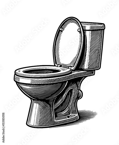 Open Toilet Bowl with Water Tank in Detailed Black and White Engraving Style