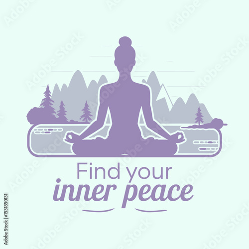 Yoga meditation inner peace mindfulness wellness nature mountains trees lake spiritual retreat zen ,Vector art